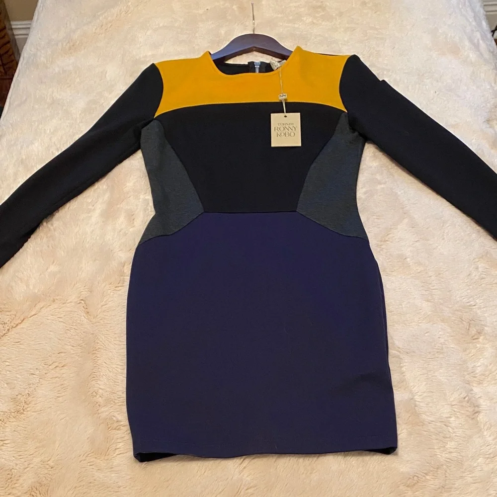 Torn by Ronny Kobo 
Ivy Colorblock Long Sleeve Mini Dress - Mustard, Black, Blue - Picture 4 of 5